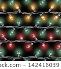 Seamless pattern of Christmas colorful garlands glow in the dark. Watercolor illustration of a festive green, red and yellow lights. Hand drawn on black isolated background. Water color painting art 142416039
