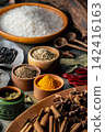 A group photo of various Asian spices and Thai rice. 142416163