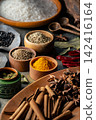 A group photo of various Asian spices and Thai rice. 142416164