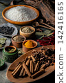 A group photo of various Asian spices and Thai rice. 142416165