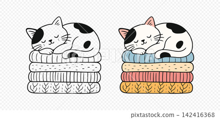 Sleeping Cat on Folded Blankets Set, Vector Illustration. Cute Black and White Kitten Cartoon in Outline and Colored Versions. Cozy Pet Resting on Stacked Quilts. Hand Drawn Nursery Illustration Sleeping Cat on Folded Blankets Set, Vector Illustration. Cute Black and White Kitten Cartoon in Outline and Colored Versions. Cozy Pet Resting on Stacked Quilts. Hand Drawn Nursery Illustration 142416368