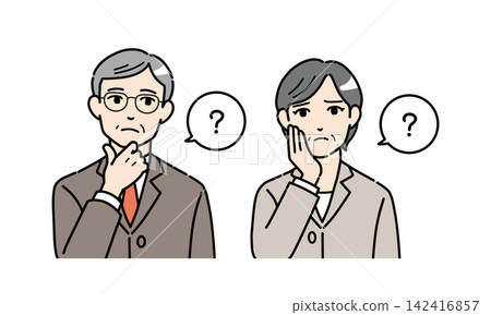 一組插圖,描繪的是身穿西裝的老年男女,他們似乎在思考問題。 一組插圖,描繪的是身穿西裝的老年男女,他們似乎在思考問題。 142416857