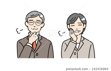 一組插圖，描繪了身著西裝的老年男女，他們閉著眼睛，神情憂慮不安。 142416864