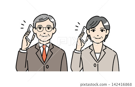 A set of illustrations of senior men and women in suits talking on their smartphones. A set of illustrations of senior men and women in suits talking on their smartphones. 142416868