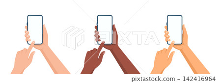 Hands Holding Smartphone Set, Vector Illustration. Flat Cartoon Diverse Skin Tone Hands Using Mobile Phone with Finger Touching Blank Screen. Modern Communication, App Interface Hands Holding Smartphone Set, Vector Illustration. Flat Cartoon Diverse Skin Tone Hands Using Mobile Phone with Finger Touching Blank Screen. Modern Communication, App Interface 142416964