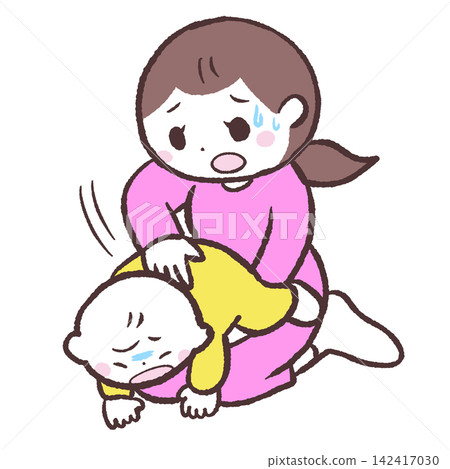 一幅插圖描繪了一名女子毆打吞下異物的嬰兒。 一幅插圖描繪了一名女子毆打吞下異物的嬰兒。 142417030