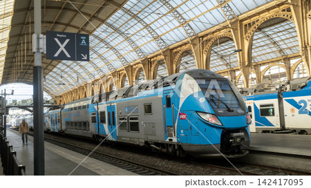 A blue SNCF TER train sits under the grand arched roof of Nice-Ville station A blue SNCF TER train sits under the grand arched roof of Nice-Ville station 142417095