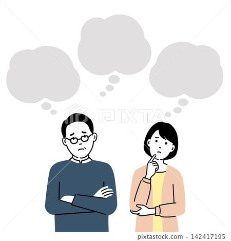 一幅插圖描繪了一對中年夫婦正努力應對各種擔憂和焦慮,灰色的對話框描繪了他們對未來和生活的想法。 一幅插圖描繪了一對中年夫婦正努力應對各種擔憂和焦慮,灰色的對話框描繪了他們對未來和生活的想法。 142417195