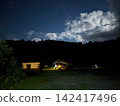 A quiet campsite nestled in the mountains and a sky full of twinkling stars at night. 142417496