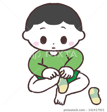 Illustration of a boy putting on socks Illustration of a boy putting on socks 142417931