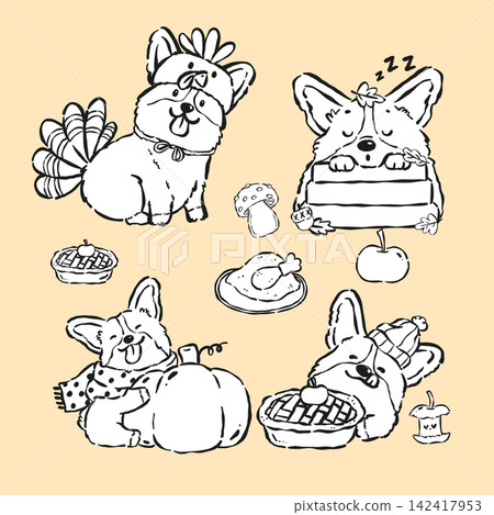 Cute Autumn corgi Thankgiving hand drawn outline, bold clean black and white, Cute kawaii corgi fall coloring image set 142417953