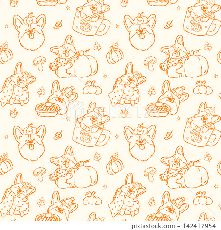 Cute Autumn Corgi Thankgiving Seamless Pattern outline, Cute kawaii corgi fall Line Art repeat bacckground Cute Autumn Corgi Thankgiving Seamless Pattern outline, Cute kawaii corgi fall Line Art repeat bacckground 142417954