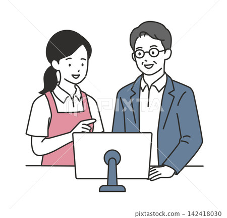 A female caregiver is having a meeting with a care manager while looking at a computer screen. A female caregiver is having a meeting with a care manager while looking at a computer screen. 142418030