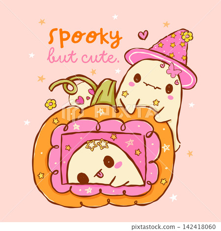 Retro Kawaii Ghosts Halloween Y2K Cartoon Hand Drawn Peeking from Retro Pumpkin TV Illustration Retro Kawaii Ghosts Halloween Y2K Cartoon Hand Drawn Peeking from Retro Pumpkin TV Illustration 142418060