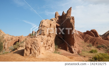 Skazka Canyons or so called Fairytale Canyons Issyk-Kul region near the lake in drone point of view in kyrgyzstan Skazka Canyons or so called Fairytale Canyons Issyk-Kul region near the lake in drone point of view in kyrgyzstan 142418275