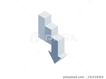 Isometric illustration of a staircase with a gradient on the sides and an arrow pointing to the lowest step (blue-gray). Isometric illustration of a staircase with a gradient on the sides and an arrow pointing to the lowest step (blue-gray). 142418563