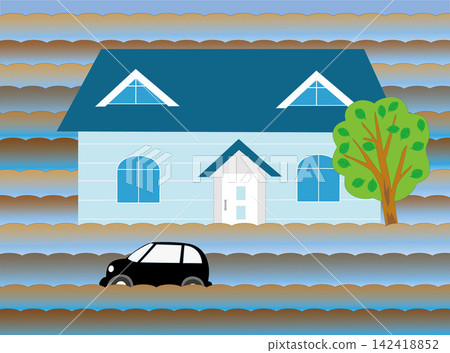 An illustration of houses submerged in water due to flooding. An illustration of houses submerged in water due to flooding. 142418852