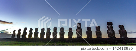 Iconic Ahu Tongariki Moai Statues Standing in a Row by the Ocean on Easter Island, Valparaiso, Chile. Banner Web, Copy Space Iconic Ahu Tongariki Moai Statues Standing in a Row by the Ocean on Easter Island, Valparaiso, Chile. Banner Web, Copy Space 142418950