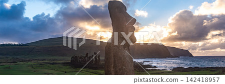 Iconic Ahu Tongariki Moai Statues Standing in a Row by the Ocean on Easter Island, Valparaiso, Chile. Banner Web, Copy Space Iconic Ahu Tongariki Moai Statues Standing in a Row by the Ocean on Easter Island, Valparaiso, Chile. Banner Web, Copy Space 142418957