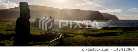 Iconic Ahu Tongariki Moai Statues Standing in a Row by the Ocean on Easter Island, Valparaiso, Chile. Banner Web, Copy Space Iconic Ahu Tongariki Moai Statues Standing in a Row by the Ocean on Easter Island, Valparaiso, Chile. Banner Web, Copy Space 142418964