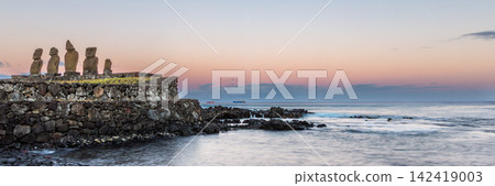 Tahai Archaeological Complex with Moai Statues on Stone Platforms at Sunset on Easter Island, Valparaiso, Chile. Banner Web, Copy Space 142419003