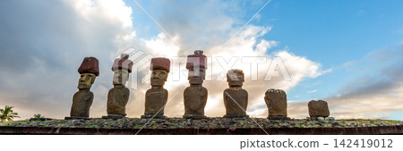 Ahu Nau Nau Moai Statues with Red Topknots at Anakena Beach on Easter Island, Valparaiso, Chile. Banner Web, Copy Space Ahu Nau Nau Moai Statues with Red Topknots at Anakena Beach on Easter Island, Valparaiso, Chile. Banner Web, Copy Space 142419012