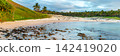 Ahu Nau Nau Moai Statues with Red Topknots at Anakena Beach on Easter Island, Valparaiso, Chile. Banner Web, Copy Space 142419020