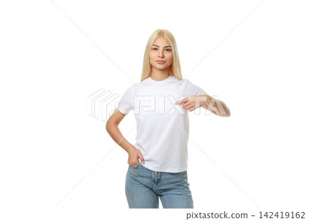 Woman wearing a white t-shirt while posing in a studio, isolated, PNG Woman wearing a white t-shirt while posing in a studio, isolated, PNG 142419162