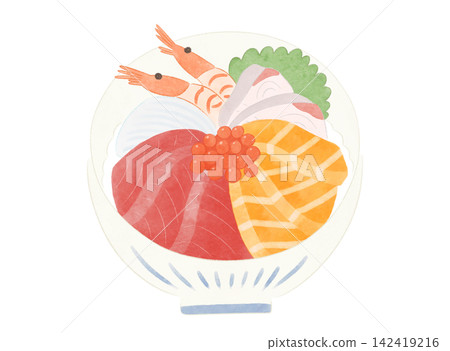 Cute and relaxed illustration of a seafood rice bowl (watercolor style) Cute and relaxed illustration of a seafood rice bowl (watercolor style) 142419216