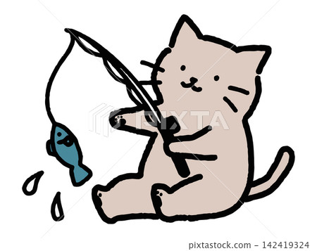 一幅可愛的手繪插圖,描繪了一隻貓咪享受釣魚的樂趣。 一幅可愛的手繪插圖,描繪了一隻貓咪享受釣魚的樂趣。 142419324