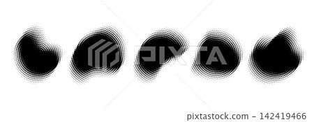 Black halftone organic blob shape set. Abstract grain blurry liquid stain collection. Dotted defocused edges noise figure pack. Diffuse fading gradient shadow forms bundle. Vector bold textured assets Black halftone organic blob shape set. Abstract grain blurry liquid stain collection. Dotted defocused edges noise figure pack. Diffuse fading gradient shadow forms bundle. Vector bold textured assets 142419466
