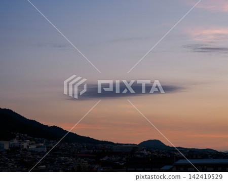 Before dawn: The Rokko Mountains, Mount Kabuto in Nishinomiya, and clouds in the sky. Before dawn: The Rokko Mountains, Mount Kabuto in Nishinomiya, and clouds in the sky. 142419529