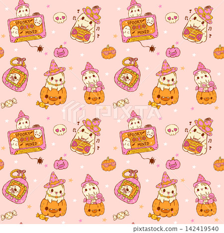 Cute Spooky Ghost Halloween Y2K Seamless Pattern, Retro Groovy Repeat Background Cartoon Hand Drawn Cute Spooky Ghost Halloween Y2K Seamless Pattern, Retro Groovy Repeat Background Cartoon Hand Drawn 142419540