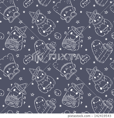 Retro Halloween Ghost Y2K Outline Seamless Pattern, Cute Spooky Line Art Repeat Background Cartoon Hand Drawn Retro Halloween Ghost Y2K Outline Seamless Pattern, Cute Spooky Line Art Repeat Background Cartoon Hand Drawn 142419543