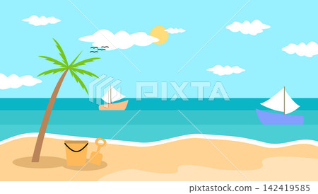 Tropical Ocean Beach Sunset Landscape Vector Illustration with Sailboat and Palm Trees Tropical Ocean Beach Sunset Landscape Vector Illustration with Sailboat and Palm Trees 142419585