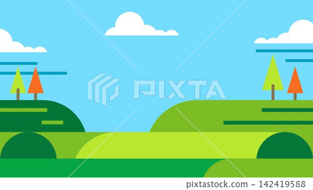 Minimalist flat vector landscape background with simple green fields hills and blue sky Minimalist flat vector landscape background with simple green fields hills and blue sky 142419588
