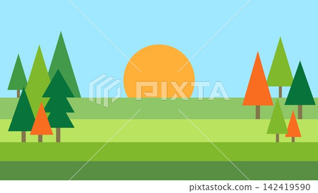 Minimalist flat design vector landscape background with a huge rising sun over green fields Minimalist flat design vector landscape background with a huge rising sun over green fields 142419590