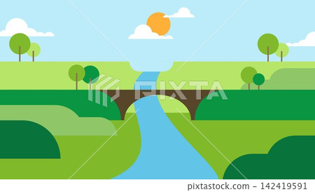 Flat design vector landscape illustration with an arched bridge over a winding river and sun	 142419591