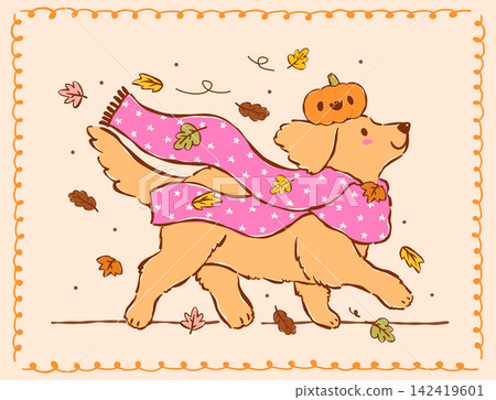 Cute Autumn Golden Retriever Dog with Scarf Walking Cartoon Character, Hand Drawn Playful Happy Puppies 142419601