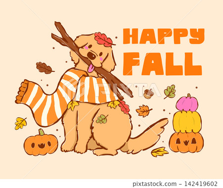 Cute Autumn Golden Retriever Dog with Wood Branch Stick and Fall Leaves Cartoon Character, Hand Drawn Playful Happy Puppies Cute Autumn Golden Retriever Dog with Wood Branch Stick and Fall Leaves Cartoon Character, Hand Drawn Playful Happy Puppies 142419602