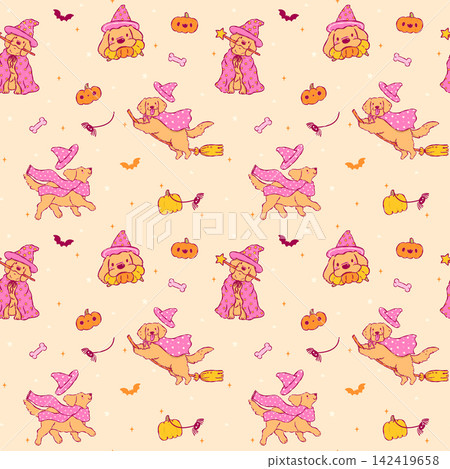 Cute Halloween Dog Seamless Pattern Pink Witch Golden Retriever Derpy Hand Drawn Festive Warm Playful Background Cute Halloween Dog Seamless Pattern Pink Witch Golden Retriever Derpy Hand Drawn Festive Warm Playful Background 142419658