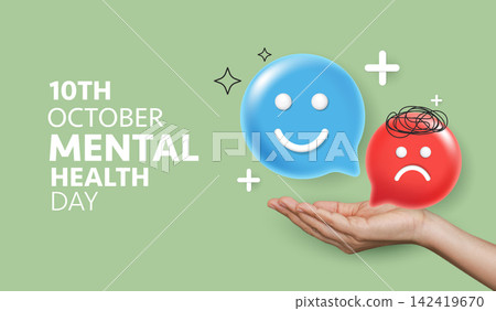 World Mental Health Day 10th October concept with hand holding 3D smiling blue and sad red speech bubbles. Psychology, stress, anxiety and emotional care awareness campaign on green background. World Mental Health Day 10th October concept with hand holding 3D smiling blue and sad red speech bubbles. Psychology, stress, anxiety and emotional care awareness campaign on green background. 142419670