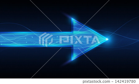 Glowing blue digital futuristic arrow with electronic circuit board traces pointing right on dark abstract technology background illustrating forward progress Glowing blue digital futuristic arrow with electronic circuit board traces pointing right on dark abstract technology background illustrating forward progress 142419780