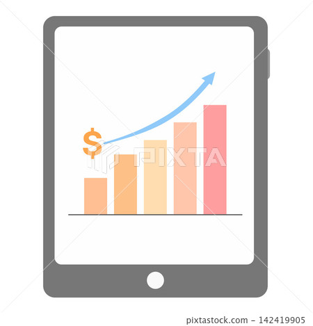 Tablet Displaying Financial Growth Chart with Rising Bars, Currency Symbol, and Upward Trend Tablet Displaying Financial Growth Chart with Rising Bars, Currency Symbol, and Upward Trend 142419905