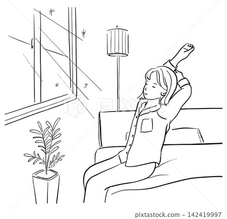 A woman sitting on a bed, basking in the morning sun and taking a deep breath. (1 color) A woman sitting on a bed, basking in the morning sun and taking a deep breath. (1 color) 142419997
