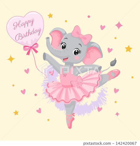 A cute baby elephant ballerina holding a pink heart-shaped balloon the inscription Happy Birthday. A cute baby elephant ballerina holding a pink heart-shaped balloon the inscription Happy Birthday. 142420067