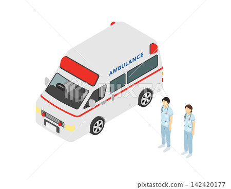 Isometric illustration: Ambulance and nurse Isometric illustration: Ambulance and nurse 142420177