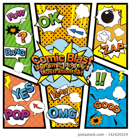 American comic book illustration set: speech bubbles, speed lines, sound effects, symbols, and pop design elements. American comic book illustration set: speech bubbles, speed lines, sound effects, symbols, and pop design elements. 142420324