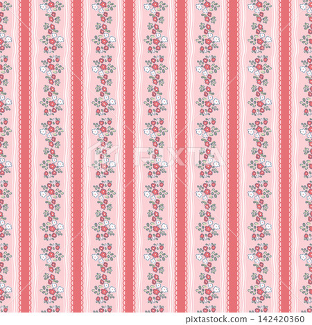Red and pink floral seamless pattern background with vertical flower stripes and lace vector illustration for baby shower, vintage fabric design, wrapping paper, wallpaper, textile and greeting cards 142420360