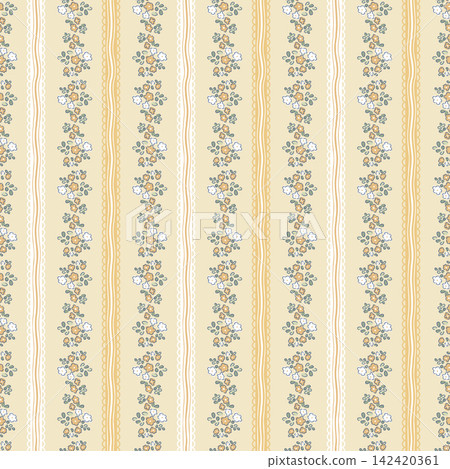 Yellow floral seamless pattern background with vertical flower stripes and lace vector illustration for baby shower, pastel fabric design, wrapping paper, wallpaper, textile and greeting cards Yellow floral seamless pattern background with vertical flower stripes and lace vector illustration for baby shower, pastel fabric design, wrapping paper, wallpaper, textile and greeting cards 142420361